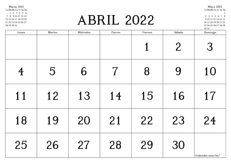calendario abril 2022 imprimir